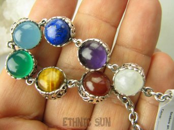 bb3632 Cudowna AŻ 25 gramów  DWUSTRONNA 2 bransoletki w 1 Uzdrawiająca OCZYSZCZAJĄCA CZAKRY Bransoleta 14 kamieni Bransoletka Kamień Księżycowy, Ametyst, Lapis Lazuli, Chalcedon, Onyks, Tygrysie Oko, Zoisyt z Rubinem Orle Pióro Srebro 925 #