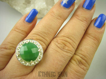 bpee3581 Cudowny LUX Wysoki Pierścień szlifowany zielony Jadeit r.18 lśniące Srebro 925 #