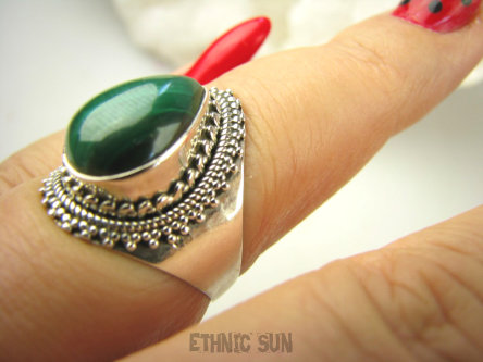 bpe8989 Delikatny Pierścionek PIERŚCIEŃ z zielonym Malachitem Malachit - pobudza kreatywność r.16 Srebro 925