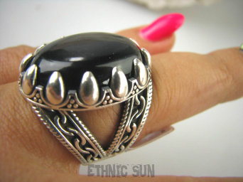 bpe6257 DRAPIEŻNY PAZUR !!!! CUDO Duży PIERŚCIEŃ z podwójną szeroką obrączką czarny Onyks r.21/ r.22 Srebro 925 #