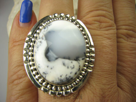 bpe7091 Duży 3,5cm / 3,2cm przepiękny 18G ŚNIEŻNY ZIMOWY KRAJOBRAZ !!! Prawdziwe Cacko Pierścień AGAT DENDRYTOWY r.21 Srebro 925 #