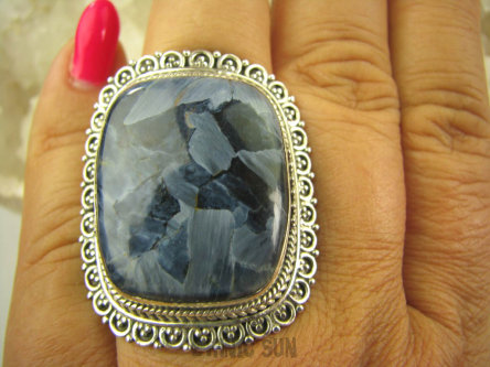 bpe6267 Bardzo się iskrzący DUŻY  Pierścień cudny KAMIEŃ BURZY Pietersyt z Namibii  - RZADKOŚĆ r.18 Srebro 925 #