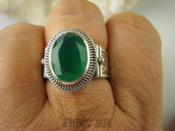 bpee3452 CUDOWNY Pierścień Obrączka szlifowany ZIELONY ONYKS r.22 szeroka obrączka Srebro 925 #