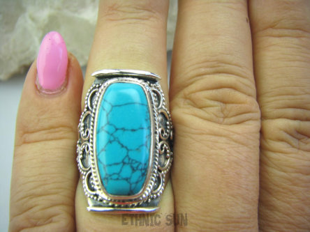 bpe5285 Biżuteria Egzotyczna !!! Kunsztowny Niesamowity Długi Pierścień Howlit r.14/ r.15 Srebro 925 # 