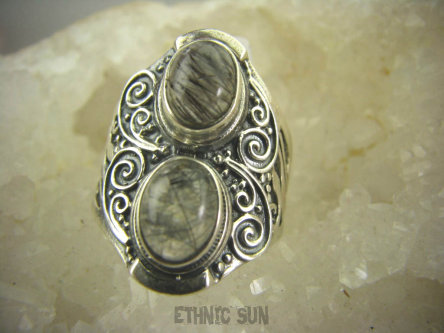 bpe6153 Egzotyczny Pierścień Kwarc SAGENITOWY z czarnym Rutylem r.17 Srebro 925 #