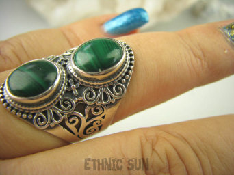 bpe6572 Biżuteria Egzotyczna !!! Pierścień MALACHIT - pobudza kreatywność r.15/ r.6 szeroka obrączka Srebro 925 #