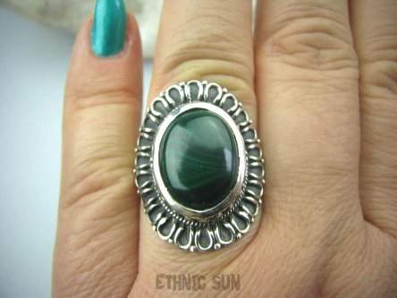 bpe5776 Piękny Pierścień z Malachitem ciemno zielony MALACHIT - pobudza kreatywność r.20 Srebro 925 #