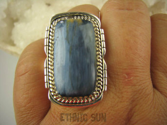 bpe6419 ALE SIE MIENI  Długi Pierścień Iskrzący KAMIEŃ BURZY Czarny Niebieski Pietersyt z Namibii - RZADKOŚĆ r.19/ r.20 Srebro 925 #