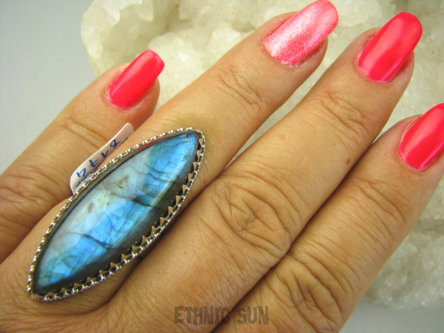 bpe8174 FANTASTYCZNY OKAZ Długi 4.2 cm Egzotyczny Pierścień Labradoryt Spektrolit - kamień Zorzy Polarnej r.17 Srebro 925 #