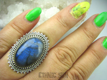 bpe6070 Czarodziejsko Piękny Orientalny Pierścień Szary, Granatowy Labradoryt Spektrolit - kamień Zorzy Polarnej r.16/ r.17 Srebro 925 #