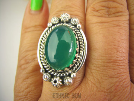 bpe7916 PIĘKNY OKAZ !!!  Wyjatkowy  Pierścień Zielony ONYKS regeneruje SERCE, EGZEMY, PAMIĘĆ r.21 Srebro 925 #