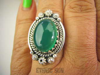 bpe7916 PIĘKNY OKAZ !!!  Wyjatkowy  Pierścień Zielony ONYKS regeneruje SERCE, EGZEMY, PAMIĘĆ r.21 Srebro 925 #