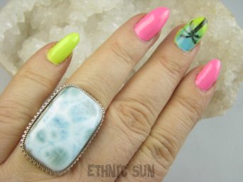 bpe9588 Egzotyczny Prostokąt 15g !!!  Pierścień Pierścionek Rzadki Larimar ( kamień Anielski ) - stawy, serce lęki, otwiera czakrę gardła r.16 Srebro 925 #