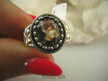 bpee3371 Piękny Pierścień szlifowany Kwarc Dymny - kamień antystresowy r.19 zdobiona obrączka Srebro 925 #