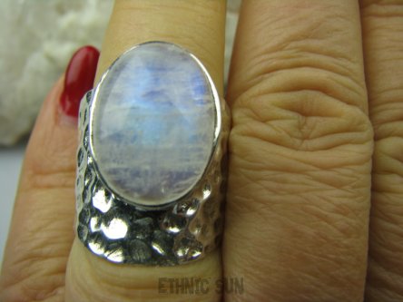 bpe5380 BŁĘKITNY ANIOŁ !!! Orientalny Masywny Pierścień KAMIEŃ KSIĘŻYCOWY r.13/ Mały Rozmiar szeroka obrączka Srebro 925 #