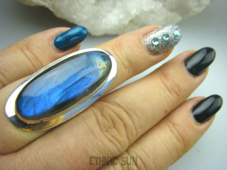 bpe5453 Klasyczny Długi 4 cm granatowy z żółtą plamką Pierścień Labradoryt Spektrolit r.15 Lśniące Srebro 925 #