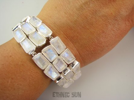 bb3799 NIESAMOWITA UFF Tęczowa WIELOBARWNA Szeroka DUŻA Aż 61 gramów, 25 sztuk kamieni pięknie się mieniących !!! WSPANIAŁA Bransoleta Szlifowany Kamień Księżycowy Srebro 925 #