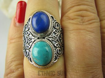 bpe6912 Biżuteria Orientalna !!! Przepiękny Masywny Pierścień Turkus Turkusy Lapis Lazuli r.15 Srebro 925 #