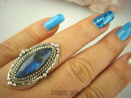 bpe8471 Czarodziejsko Piękny Orientalny Pierścień Niebieski, Granatowy Labradoryt Spektrolit - kamień Zorzy Polarnej r.17 Srebro 925 #