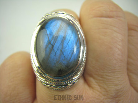 bpe4360 WSPANIAŁY Duży Niezwykły OKAZ  Pierścień niebieski LABRADORYT Spektrolit - kamień Zorzy Polarnej r.17 SREBRO 925 #