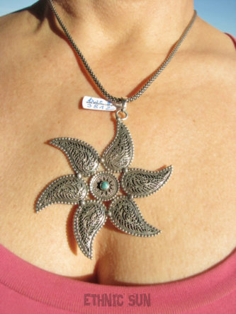 bwe3812 Egzotyczna Gwiazda czy rajski Kwiat ? Duży 8.5 cm szeroki 6,5 cm , 23G Piękny Wisior naturalny TURKUS Turkusy Srebro 925 #