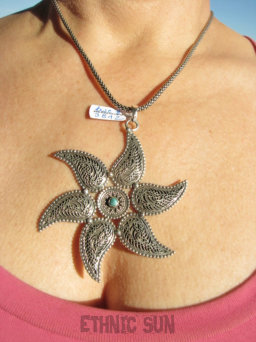 bwe3812 Egzotyczna Gwiazda czy rajski Kwiat ? Duży 8.5 cm szeroki 6,5 cm , 23G Piękny Wisior naturalny TURKUS Turkusy Srebro 925 #