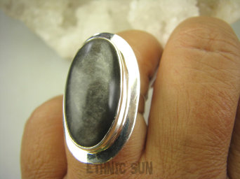 bpe8234 MAGICZNY OKAZ ze srebrną poświatą Cudowny Pierścień OBSYDIAN CZARNY - CHRONI przed zawiścią, „złym spojrzeniem” i przed pechem r.17/ r.18 Srebro 925 #