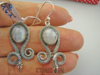 bke1161 AMULET Płodności i Mądrości Wąż - Długie 4.8 cm CUDOWNE Kolczyki Kamień Księżycowy Srebro 925