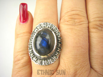 bpe8603 OKSYDOWANY MELONIK !!! Egzotyczny Pierścień Pierścionek Labradoryt Spektrolit - kamień Zorzy Polarnej r.22 Srebro 925 #