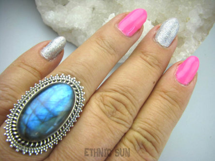 bpe5958 Czarodziejsko Piękny Aksamitny Czarodziej Orientalny Pierścień Niebieski Labradoryt Spektrolit - kamień Zorzy Polarnej r.17/ r.18 Srebro 925 #