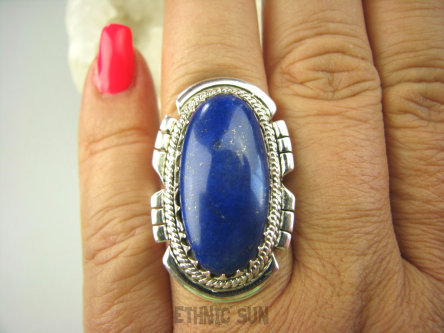 bpe7820 Orientalny Długi Pierścień Królewski Lapis Lazuli - strażnik prawdy i mądrości r.17 Srebro 925 #