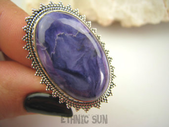 bpe4477 UNIKALNY DROGOCENNY RZADKI CZAROIT - kamień jasnowidzów ! Orientalny Owalny Pierścień z czaroitem r.19 Srebro 925 #