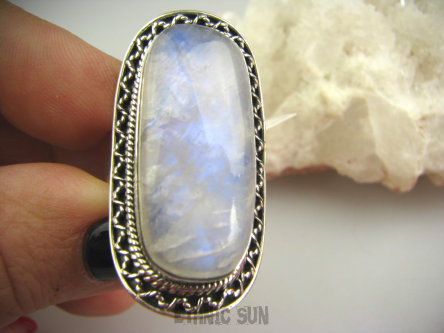 bpe4469 Duży Długi 3,9 cm Egzotyczny Pierścień chabrowo biały Kamień Księżycowy r.21 Srebro 925 Cudo  #