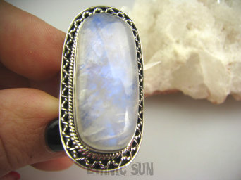 bpe4469 Duży Długi 3,9 cm Egzotyczny Pierścień chabrowo biały Kamień Księżycowy r.21 Srebro 925 Cudo  #