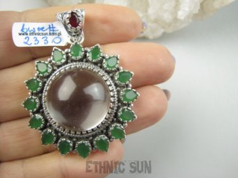 bwee2330 LUKSUSOWO PIĘKNY KLEJNOT SŁOŃCE Kunsztowny Wisior KRYSZTAŁ GÓRSKI - odpromiennik, Zielony Onyks, Granaty Srebro 925 #