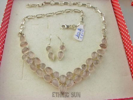 bn1600 KOMPLET BIŻUTERII !! Kolia Regulowany Naszyjnik i Kolczyki 45 gramów !!! Kwarc Różowy - kamień mocnego serca Srebro 925 #