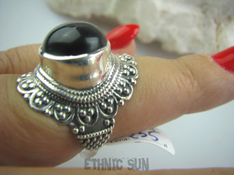 bpe4922 Śliczny Wysoki Orientalny Pierścień czarny ONYKS regeneruje SERCE, EGZEMY, PAMIĘĆ r.15 Srebro 925 #