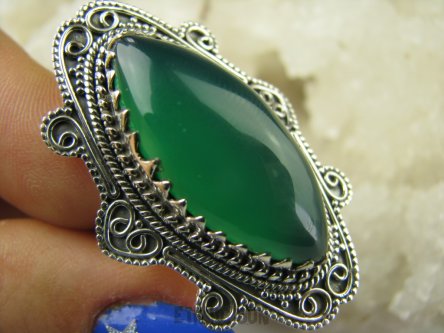 bpe6630 BAŚNIOWY KLEJNOT - Piękny Długi Regulowany Pierścień Zielony ONYKS -  regeneruje SERCE, EGZEMY, PAMIĘĆ  r.19, r.20, r.21, r.22, r.23  Srebro 925 #