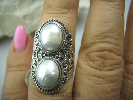 bpee2826 LŚNIĄCY ŚNIEŻNOBIAŁY Piękny Pierścień hodowlane PERŁY PERŁA r.12 Mały Rozmiar szeroka ażurowa obrączka Srebro 925 #