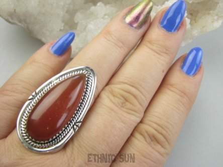 bpe9485 DUŻY OKAZ Piękny Egzotyczny Długi 3.8 cm Pierścień Pierścionek czerwony Onyks - regeneruje SERCE, EGZEMY, PAMIĘĆ r.22 Srebro 925 #