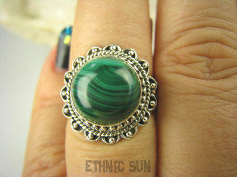 bpe6536 Biżuteria Egzotyczna !!! PIĘKNY PIERŚCIEŃ ZIELONY MALACHIT - pobudza kreatywność r.16 Srebro 925 #