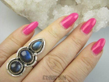 bpe9542 Biżuteria Orientalna -  Wielobarwne CUDO Długi 3.8 cm Pierścień Pierścionek Labradoryt Spektrolit kamień Zorzy Polarnej r.14 Srebro 925 #