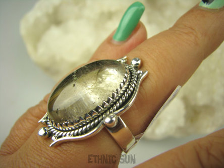 bpe8315 FINEZYJNY Pierścień ZŁOTE włosy WENUS w zachwycającej oprawie  !!! Pierścionek Pierścień KWARC z RUTYLEM r.16 SREBRO 925 #