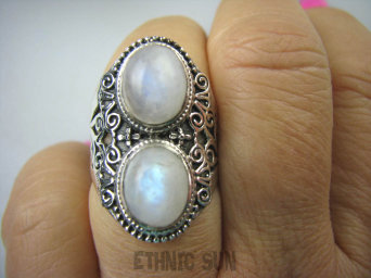 bpe5510  Podwójna Księżycowa Piękność Pierścień KAMIEŃ KSIĘŻYCOWY r.15 zdobione Srebro 925 #