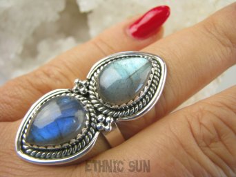 bpe8937 Biżuteria Orientalna - DWUBARWNY ZIELONY I CHABROWY CUDO Długi 4 cm Pierścień Pierścionek Labradoryt Spektrolit kamień Zorzy Polarnej r.20 Srebro 925 #