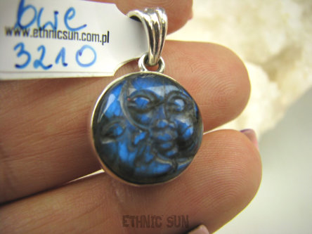 bwe3210 Delikatny Wisior Dwie Twarze - Księżyc i Słońce Labradoryt Spektrolit Kamień Zorzy Polarnej Srebro 925