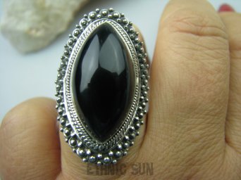 bpe5402 Długi 3,6 cm Duży PIERŚCIEŃ Czarny ONYKS regeneruje SERCE, EGZEMY, PAMIĘĆ r.15/ r.16 Srebro 925 #