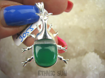 bwe3055 Zjawiskowo Piękny Wisior SKARABEUSZ Święty symbol Egiptu - AMULET NA SZCZĘŚCIE Zielony Onyks - regeneruje SERCE, EGZEMY, PAMIĘĆ Srebro 925 #