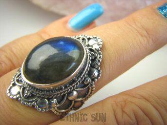 bpe8450 Egzotyczny Czarodziej Pierścień Pierścionek Labradoryt Spektrolit - kamień Zorzy Polarnej r.16 Srebro 925 #
