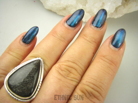 bpe8987 Cudowny Pierścionek Pierścień OBSYDIAN CZARNY mieniący się na srebrny - chroni przed zawiścią, „złym spojrzeniem” i przed pechem r.17 Srebro 925 #